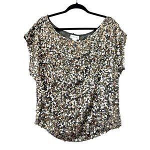 Ludi Womens Sequins‎ Metallic Sparkle Cap Sleeve Top Blouse Shirt Size L